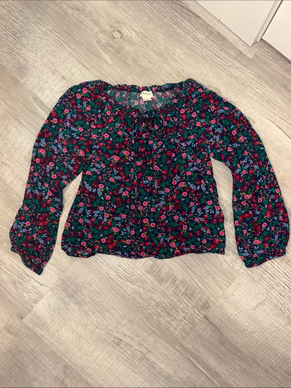 Floral Long-Sleeve Peasant Blouse - navy with Pink & Blue Flowers